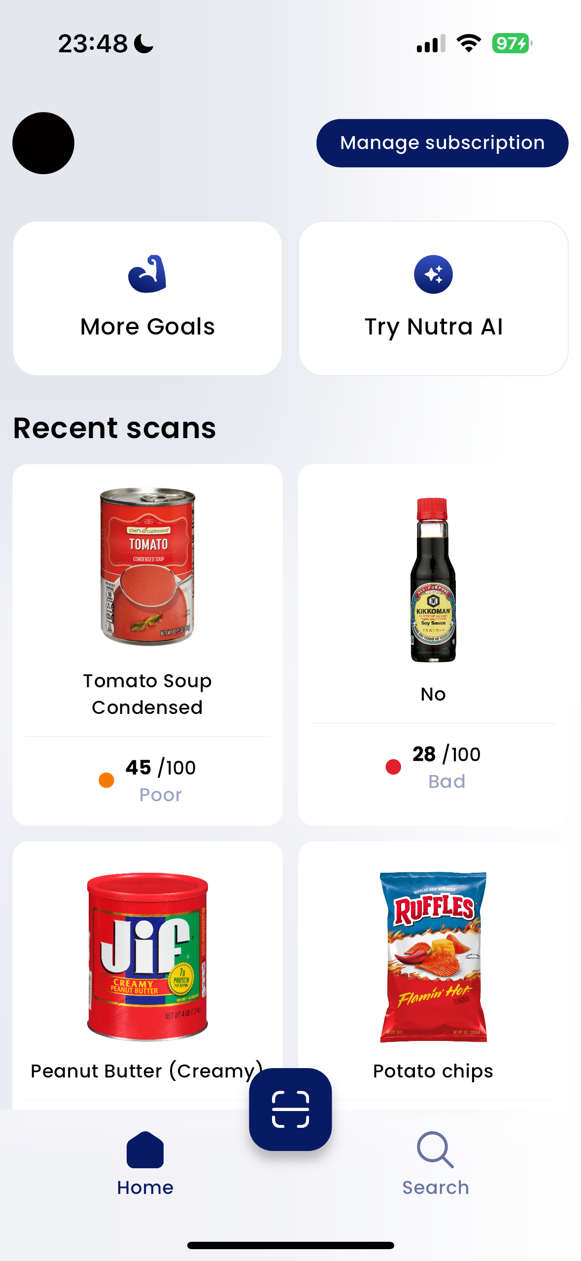 Nutrition App Interface showing food tracking and health metrics